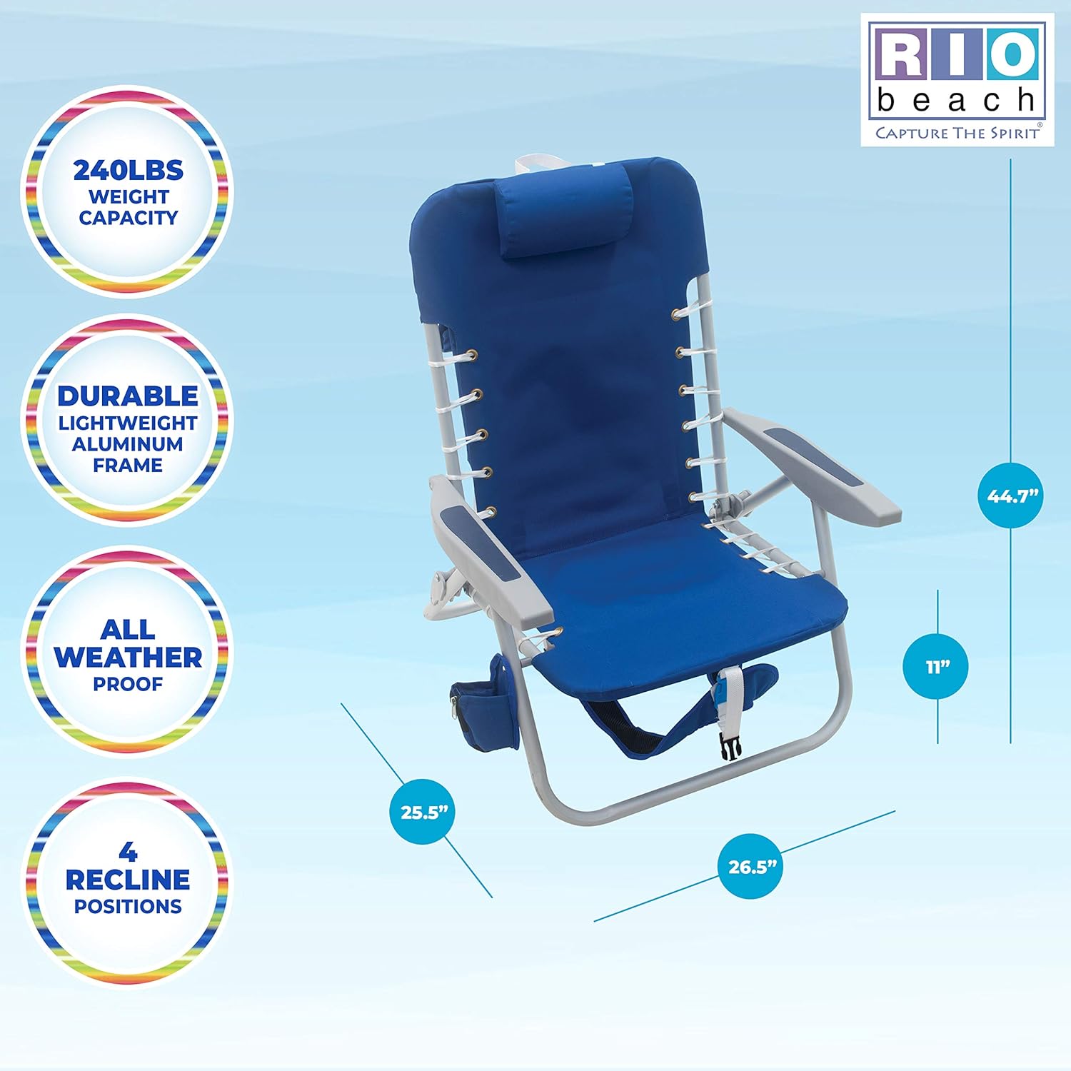 Rio Beach Big Boy 4-Position 13" High Seat Backpack Beach or Camping Folding Chair, Turquoise & Rio Beach lace-up Suspension Folding Backpack Beach Chair, Light Blue