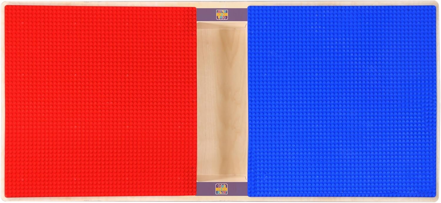 Time-2-Play Montessori Play Table, Reactangular Birch Plywood Red & Blue Lego Compatible Building Blocks Table with a Trough and Wheels for Kids [18”-29” Adjustable Legs]