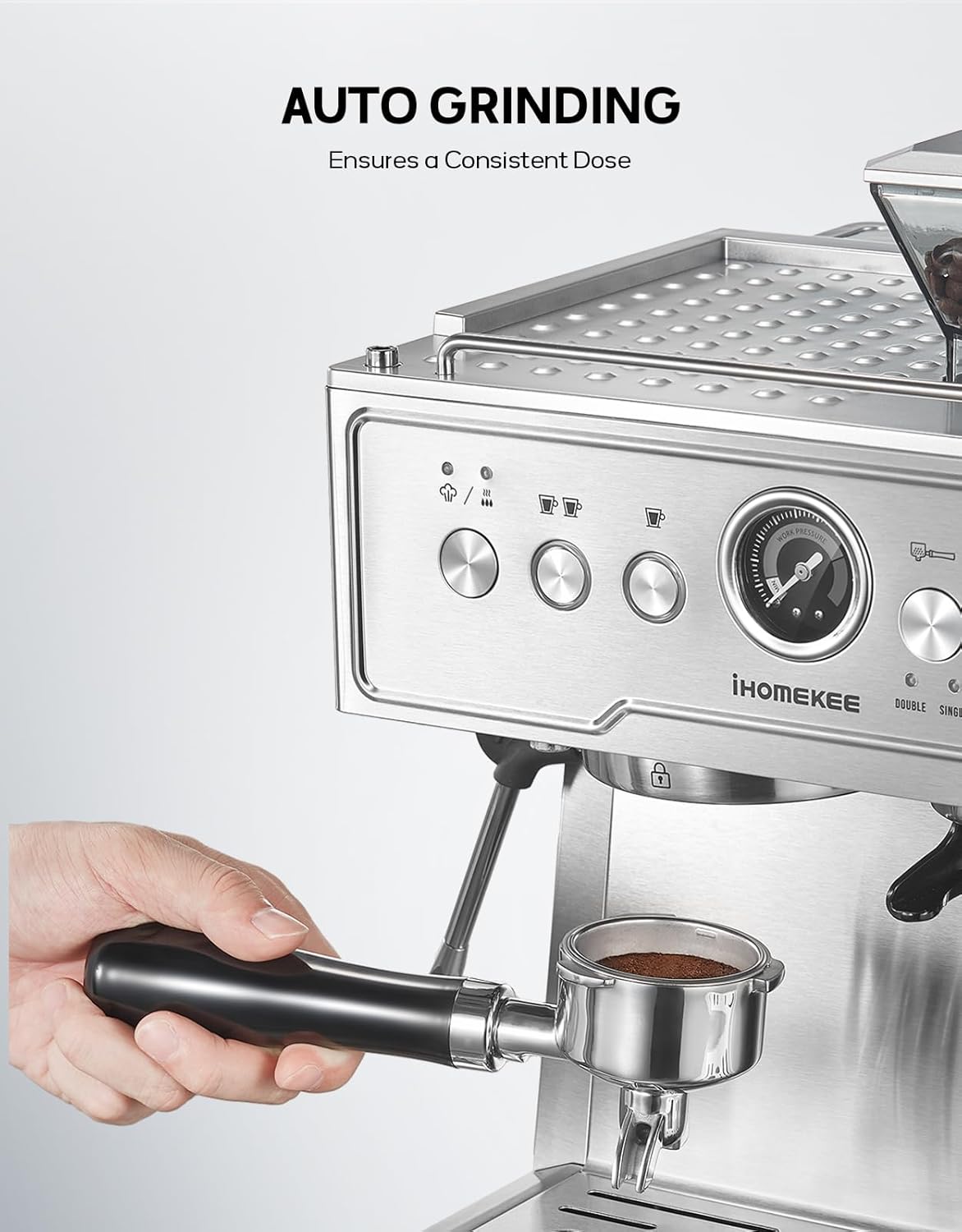 Espresso Coffee Maker With Grinder, 20 Bar Semi-Automatic Espresso Machine With Milk Frother Steam Wand, Professional Cappuccino Latte Machine For Home, Office, Brushed Stainless Steel
