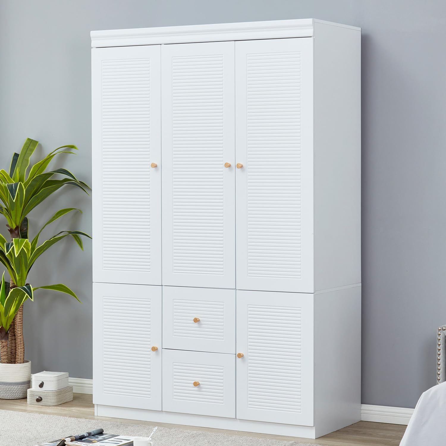 3 Door Armoire Wardrobe Closet, Wooden 2 Drawers White Closet Cabinet for Large Capacity with Hanging Rod and 5 Storage for Tall Cabinet Closet 47.3" L x 20.3" W x 74.2" H
