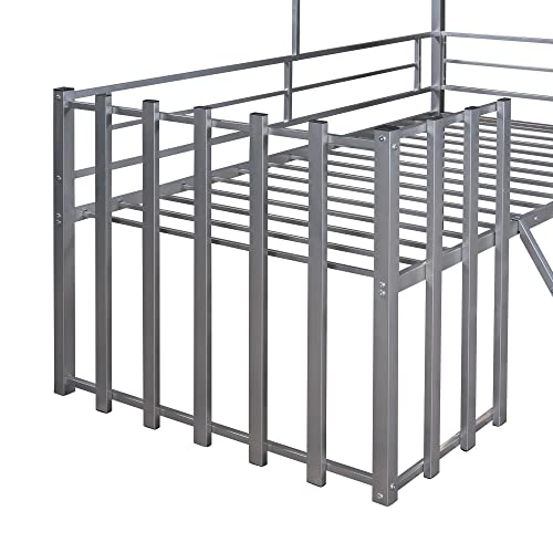 Harper & Bright Designs Kids House Beds Low Loft Bed Frame with Roof, Window, Guardrail and Ladder, Metal Twin Size Loft Bed for Kids Teens Girls Boys (Twin, White)