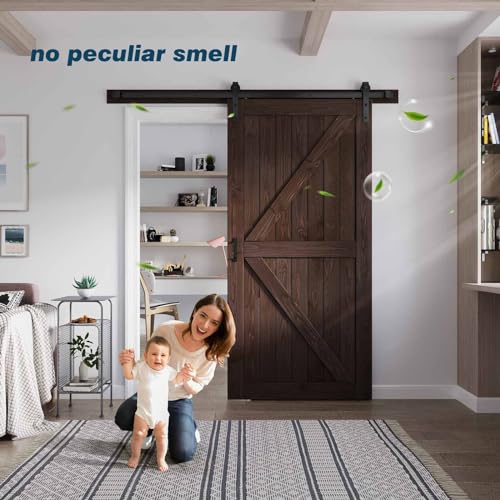 FREDBECK 36in x 84in Brown Barn Door with 6.6ft (79inch) Barn Door Hardware Track Kit and Handle Included, Double Surfaces,Simple Assembly is Required,K-Frame,Coffee