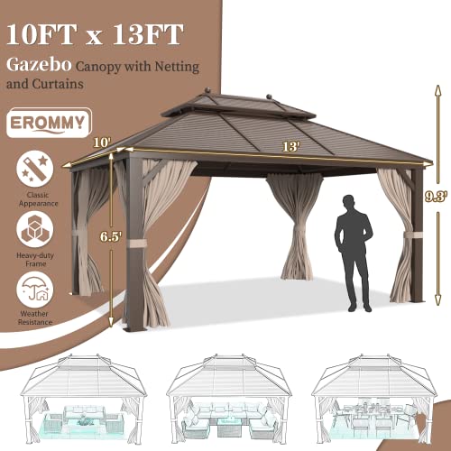 EROMMY 14'x20' Hardtop Gazebo Double Roof Galvanized Steel Canopy Outdoor Aluminum Frame Permanent Metal Pavilion with Netting and Curtains for Patio Backyard Deck and Lawns
