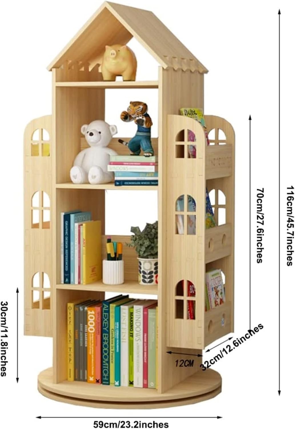 4-Tier Rotating House-Shaped Bookshelf, 360° Solid Wood Rotating Stackable Shelves Bookshelf Organizer for Home Bedroom Office_Intexca