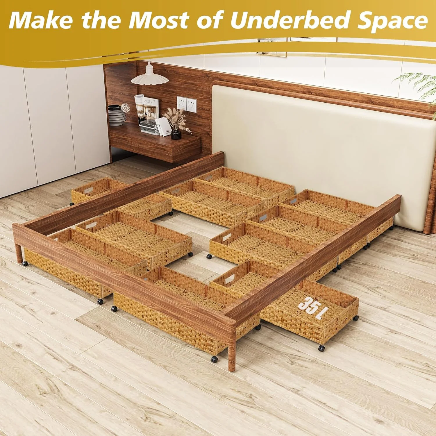 Under Bed Storage Containers with Wheels, 2 Pack 31.5in / 35L Handmade Rattan Underbed Organizer Drawer, Tool-free Assembly Rolling Under Bed Storage Bins for Shoes Clothes Toy Book