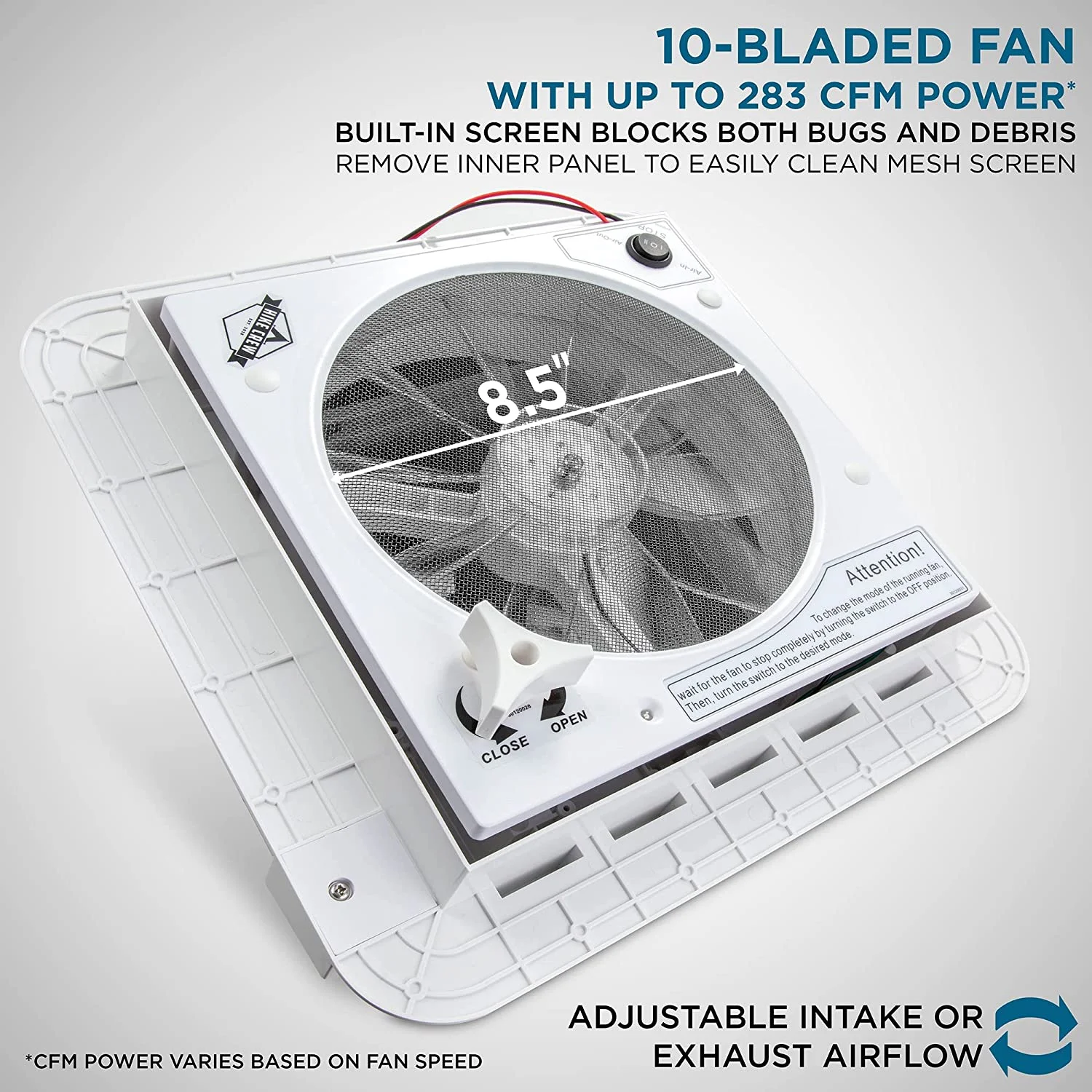Hike Crew 11” RV Roof Vent Fan with LED Light | 12V Motorhome Vent Fan | Intake & Exhaust, Manual Open/Close & White Lid | Includes Screws & Garnish