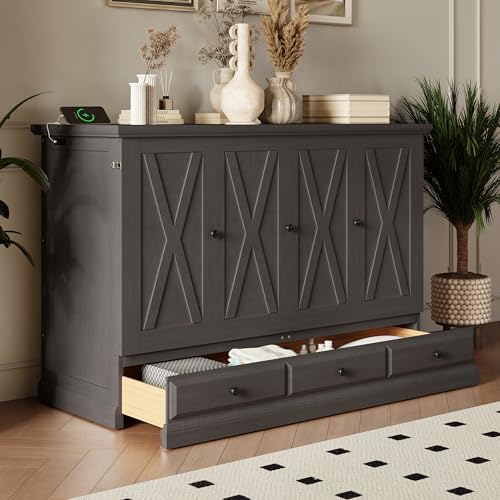 P PURLOVE Queen Size Murphy Bed Cabinet,Chest Cube Cabinet Bed with Charging Station and Large Storage Drawer,Space Saving Wall Bed for Living Room,White