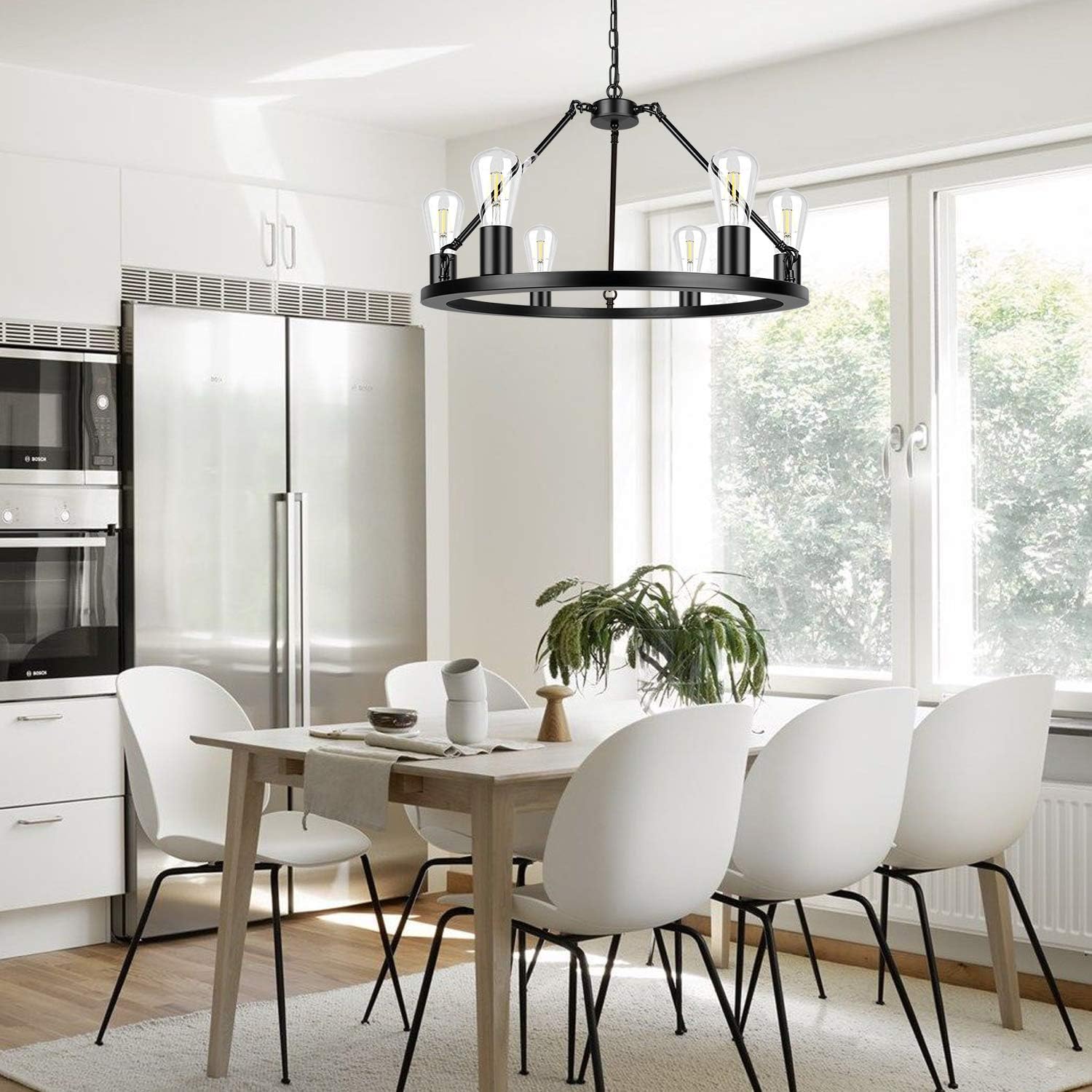 6-Light Black Industrial Farmhouse Chandelier, Wagon Wheel Modern Round Kitchen Island Lighting for Dinning Room Bedroom Foyer
