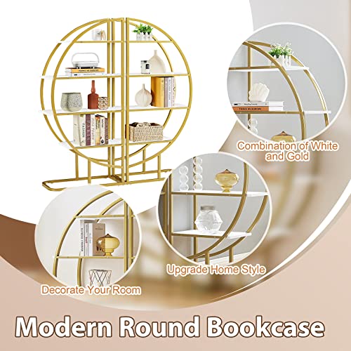 Tmosi 4 Tier Open Bookshelf, Modern Round Tall Bookcase Shelf Storage, Book Shelf with Metal Frame for Bedroom Home Office, Different Placement Ways (Golden+White)