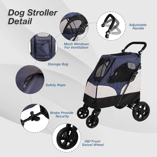4 Wheels Folding Pet Strolling Cart with Storage Bag, Pet Stroller for Medium Large Dog with Adjustable Handle, Travel Jogger Pet Stroller with Mesh Skylight