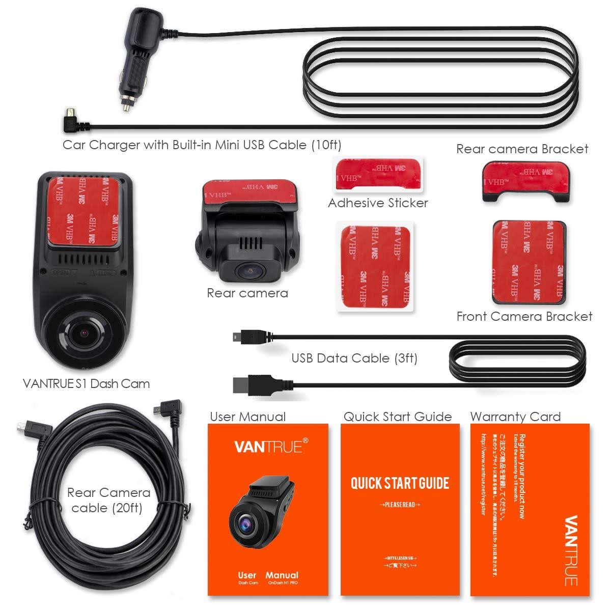 Vantrue S1 Dual 1080p FHD Dash Cam Front and Rear Dash Cam - GPS - Night Vision
