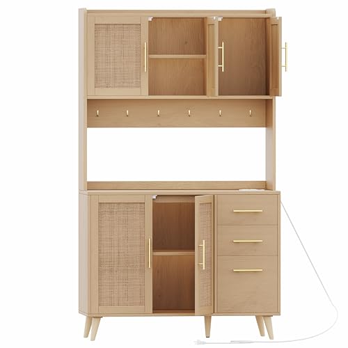 Rovaurx 70.9" Kitchen Pantry Cabinet with Microwave Shelf, Rattan Kitchen Hutch Cabinet with Charging Station, Tall Floor Cupboard Cabinet with Drawers and Doors, Black and Natural KBG002BME