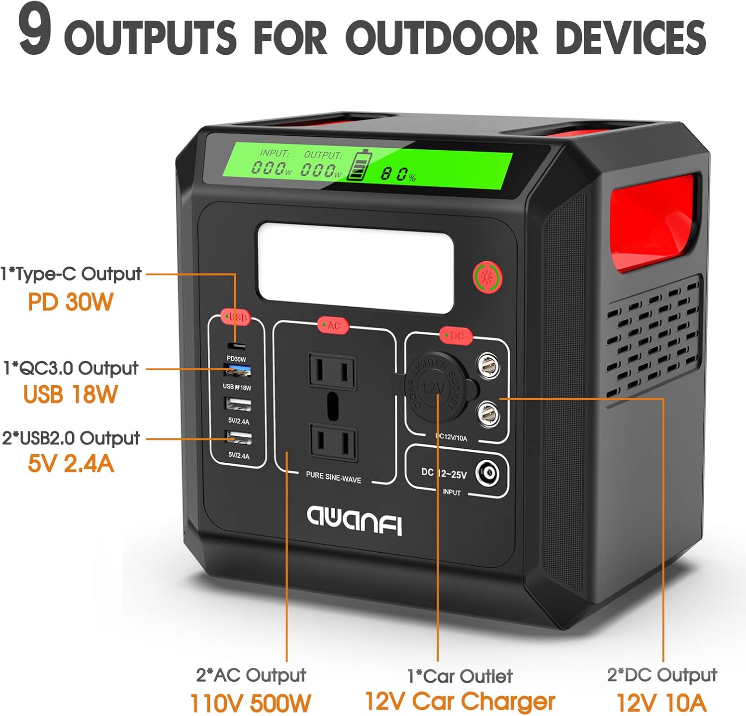 Portable Power Station 500W, AWANFI 518.4Wh Solar Generator with 110V Pure Sine Wave AC Outlets, 12V Regulated DC, USB PD Output, Battery Power Generator for Camping Home Blackout RV, Ship from TX