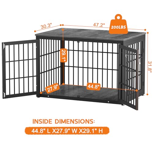 48 Inch Heavy Duty Dog Crate Furniture for Large Dogs, Decorative Pet House End Table, Extra Large Wooden Cage Kennel Furniture Indoor, Natural and White