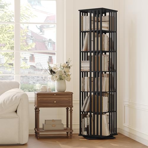 Rotating Bookshelf Tower, 360 Display Spinning Bookcase, Bamboo Bookshelf Floor Standing Storage Rack, Wood Narrow Book Shelf Organizer for Kids&Adults, Walnut 6 Tier