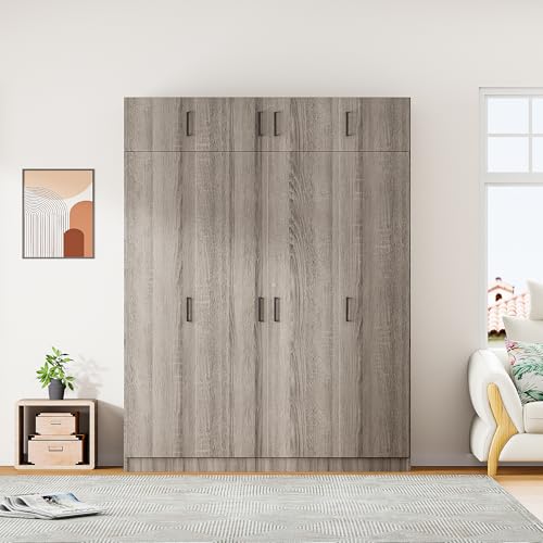 Wardrobe Armoire with 4 Doors, Four-Door Design Mirror Wardrobe with Shelves, Drawers and Hanging Rod, Built-in Dressing Mirror, 68" H Freestanding Wardrobe Cabinet