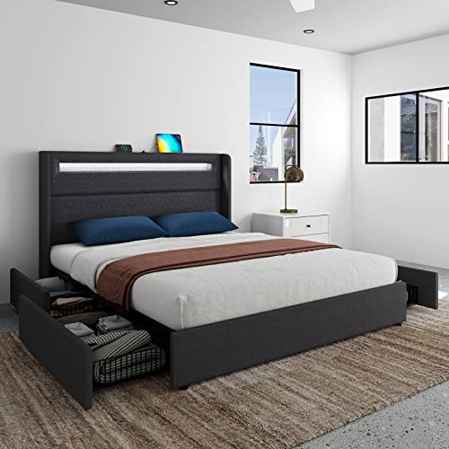 Queen LED Bed Frame with Wingback Headboard, Upholstered Platform Bed with 4 Storage Drawers & Charging Station, App/Remote Control, Box Spring Optional, Dark Grey…