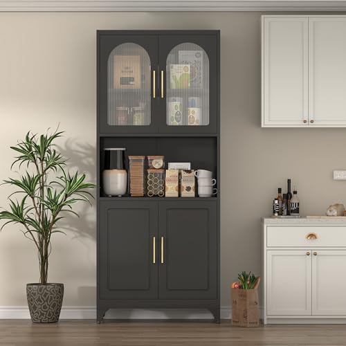 Kitchen Pantry Cabinet with Acrylic Glass Doors, 75" Metal Kitchen Hutch with Countertop, Adjustable Shelves, Freestanding Food Pantry Cabinet for Living, Dining Room, Black, Assembly Required
