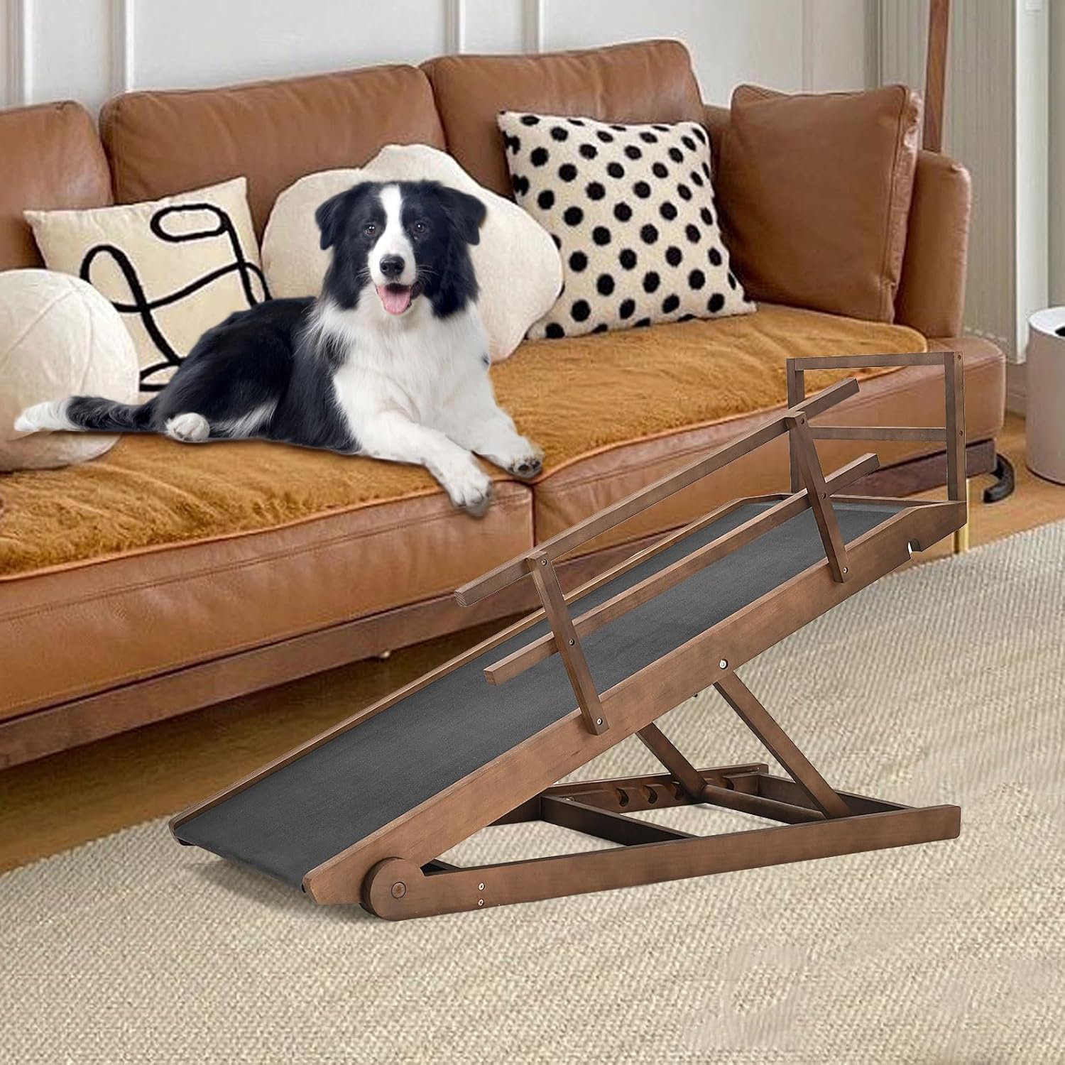 Dog Ramp, 5 Level Adjustable Folding Pet Ramp for High Bed, Upgrade Rubber Mat High Traction Ramp, Wooden Folding Pet Ramp for Bed, Couch,SUV, Natural Wood Pet Ramp for Small & Old Dogs & Cat