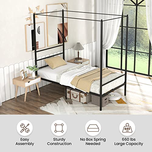 GORELAX Metal Canopy Queen Bed Frame, Platform Bed Frame with Metal Slats Support, Four-Poster Canopied Bed Mattress Foundation, No Box Spring Needed, Easy Assembly (Queen)