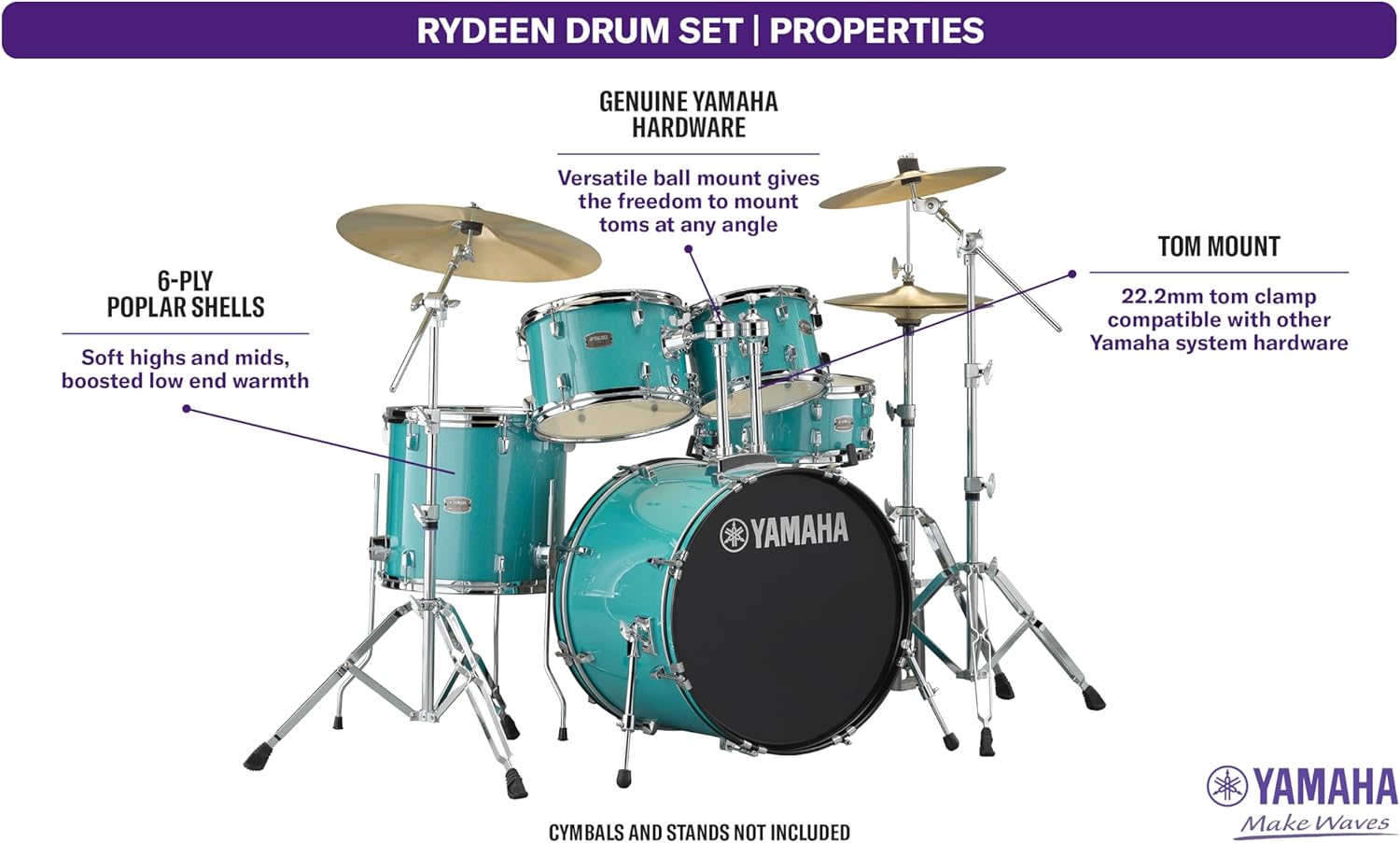 Yamaha Rydeen 5-Piece Drum Set With 22" Bass Drum, Floor Tom, 2 Toms With Ball Clamp And Wood Snare Drum, Turquoise Glitter