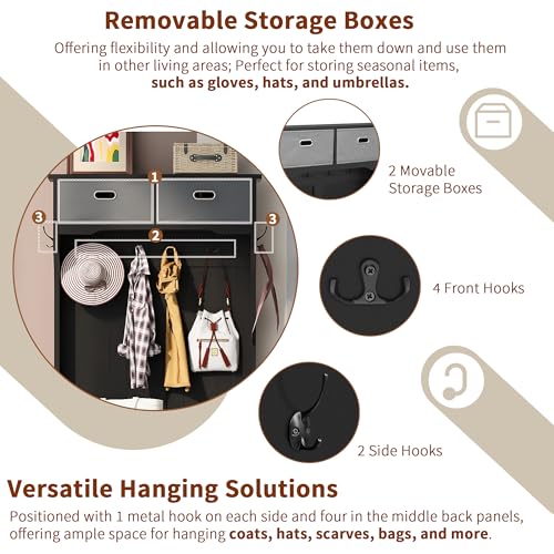 60" Hall Tree with Bench and Shoe Storage, 3-in-1 Entryway Ottoman with Coat Rack and Adjustable Shelf for Mudroom,Hallway, Easy Assembly,Black, 60 Inch W