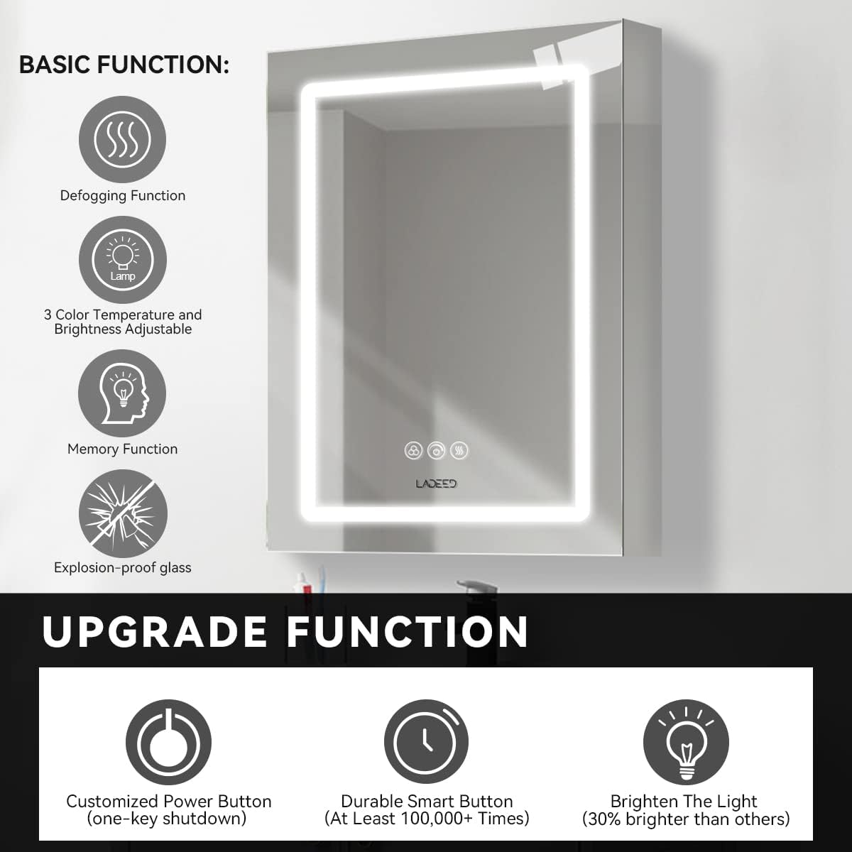 26 x 20 Inch Led Medicine Cabinet Outlet, Lighted Medicine Cabinets for Bathroom with Mirror, Recessed or Surface Wall Mounted, Defogger, Dimmer, Glass Door Cabinet with Single Door