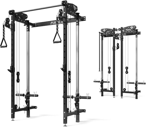 Mikolo Folding Squat Rack, Wall Mounted Power Rack with Cable Crossover Machine & LAT Pull Down, Functional Trainer with 5 Adjustable Function Modes, for Home Gym and Space Saving