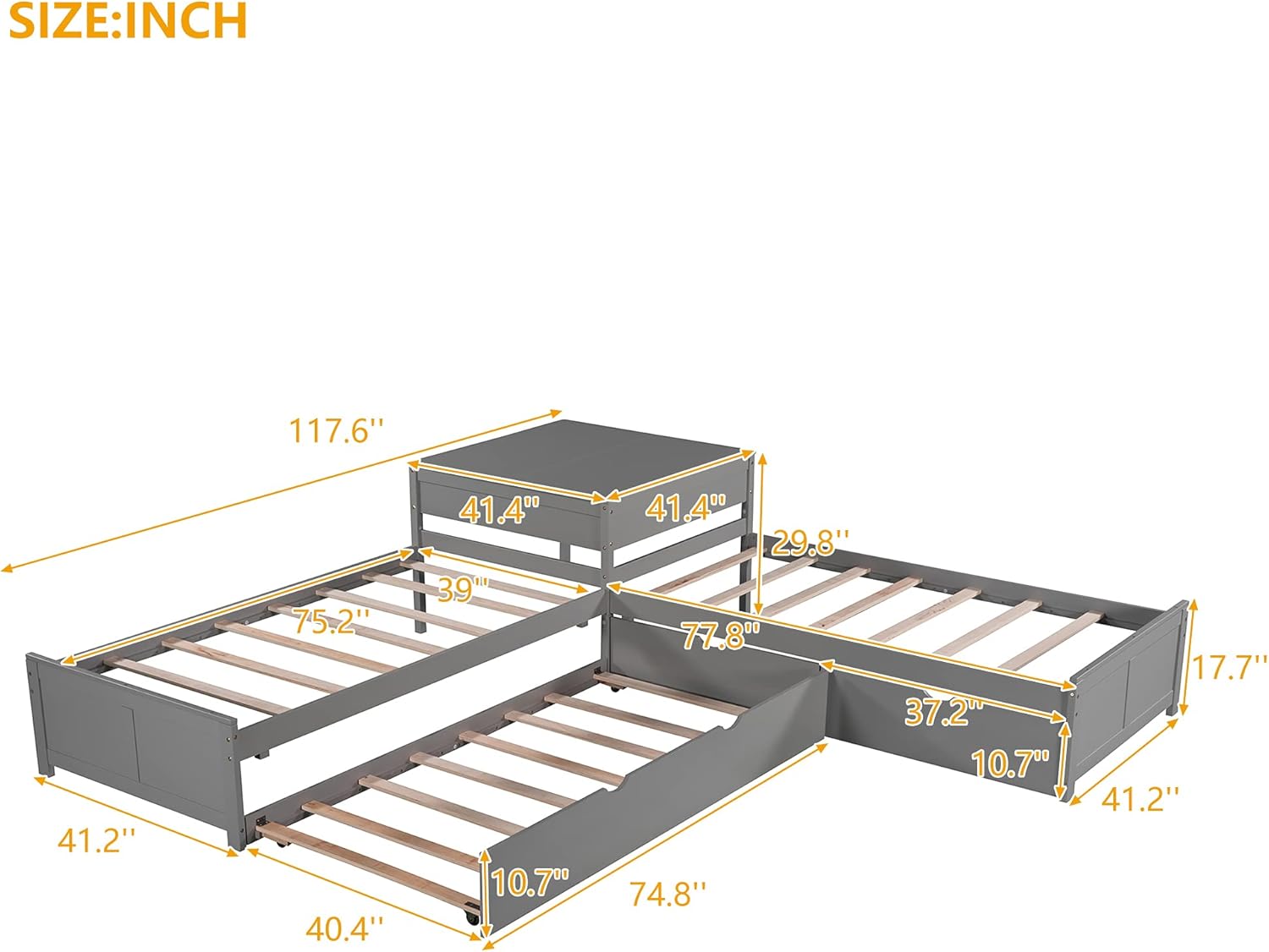 L-Shaped Platform Bed with Trundle and 2 Storage Drawers, Wooden Twin Corner Daybed Frame Linked with Built-in Square Desk, No Noise,for 3 Kids, Teens, Boys, Girls Living Room Bedroom