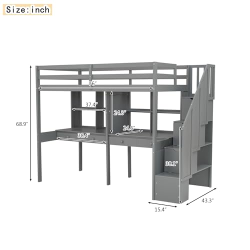 Full Size Loft Bed with A Desk, Wardrobe and Three Storage Drawers, Open Storage Cabinet, 64.9''H Wood Loft Bed Frame with Wood Slats Support, Space-Saving Design (Gray * Full,256)