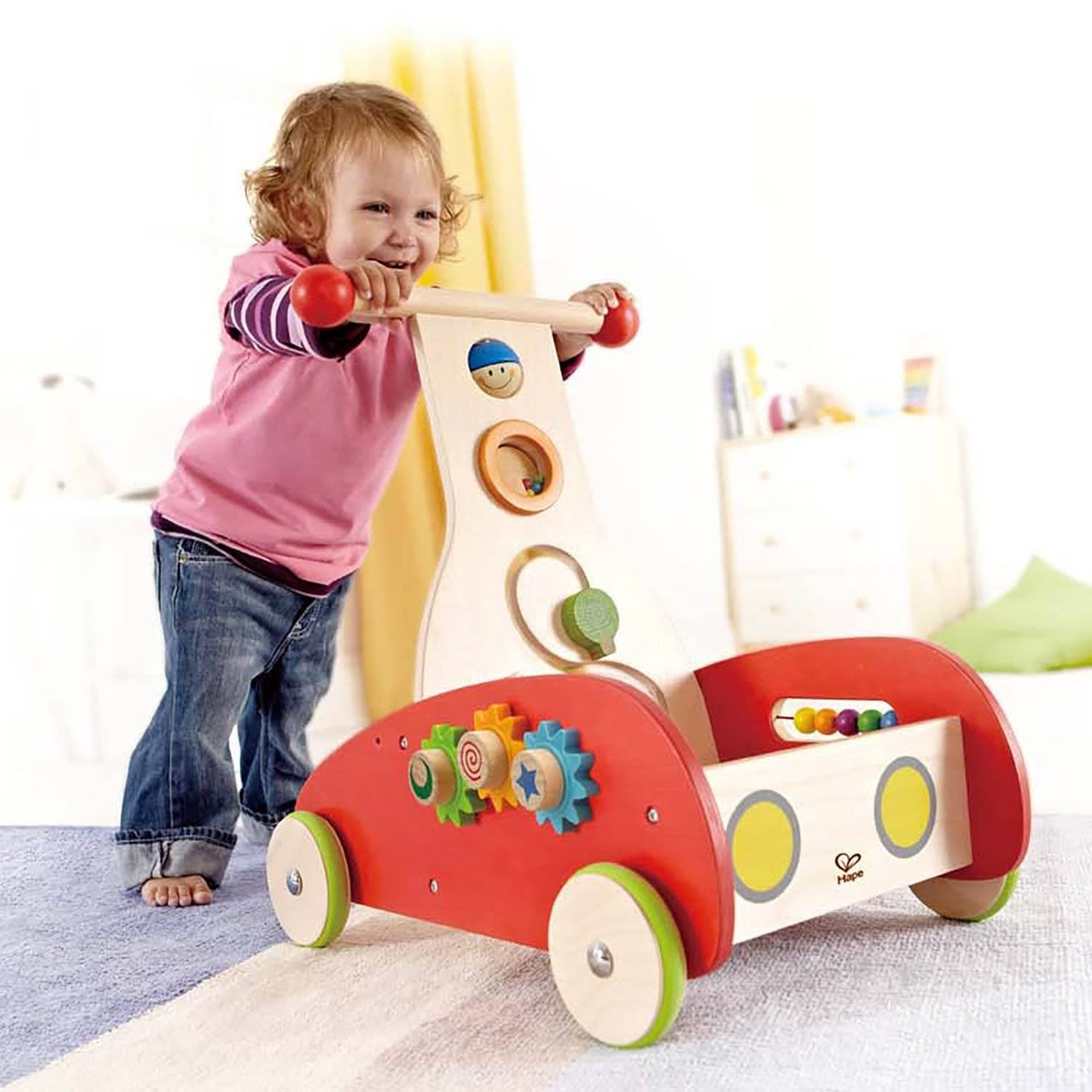 Hape Toys Toddler Baby Push u0026 Pull Toy Wonder Walker Cart with Blocks (2 Pack)
