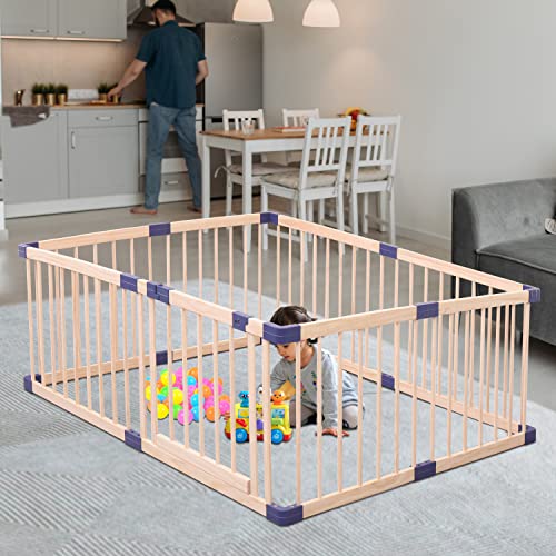Baby Wooden Playpen,baby Playars, Baby Fence Play Area with Safety Gate, Sturdy Playpen for Babies and Toddlers, Indoor Safety Play Yard (55x79x24 Inches)