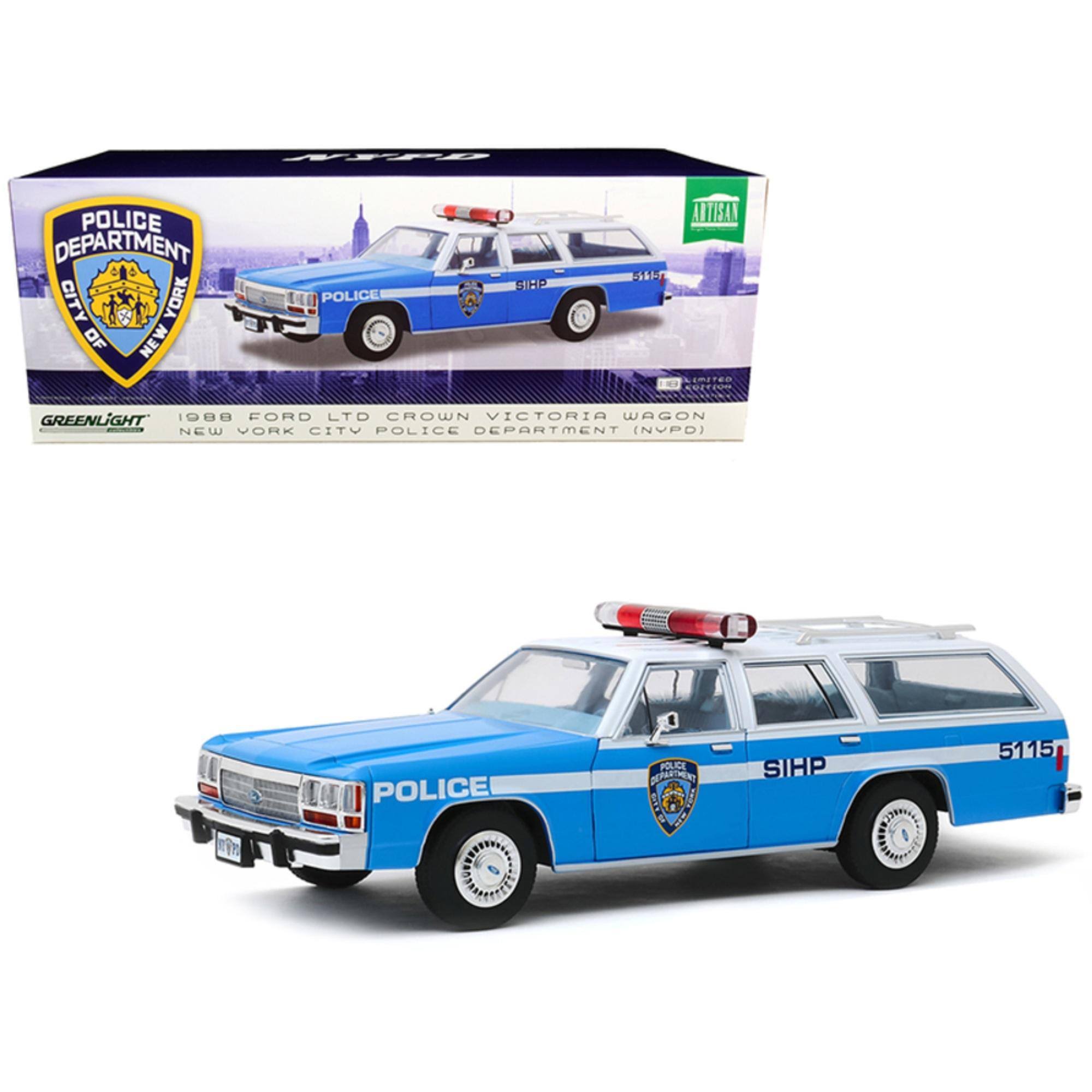 1988 Ford LTD Crown Victoria Wagon NYPD (New York City Police Department) Light Blue and White 1/18 Diecast Model Car by Greenli