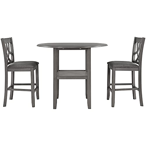 Farmhouse 3 Piece Dining Table and Chairs Set Round Drop Leaf Counter Height Small Space Bistro Bar Kitchen Dining Room Table Set with Storage Shelf 2 Badded backrest Chairs Furniture Set