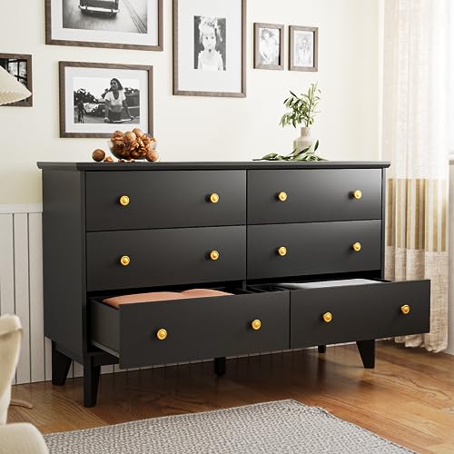 LYNSOM White Dresser for Bedroom, Modern 6 Drawer Double Dresser with Deep Drawers and Gold Knobs, Wood Storage Chest of Drawers for Living Room, Office