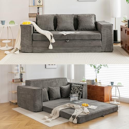 HOMREST 76" Convertible Memory Foam 3-seat Sofa, Pull Out Sleeper Sofa Bed, 2 in 1 Folding Couch Bed, Fold Out Floor Couch Corduroy Fabric with 3 Pillows for Living Room Bedroom Lounge (Grey)