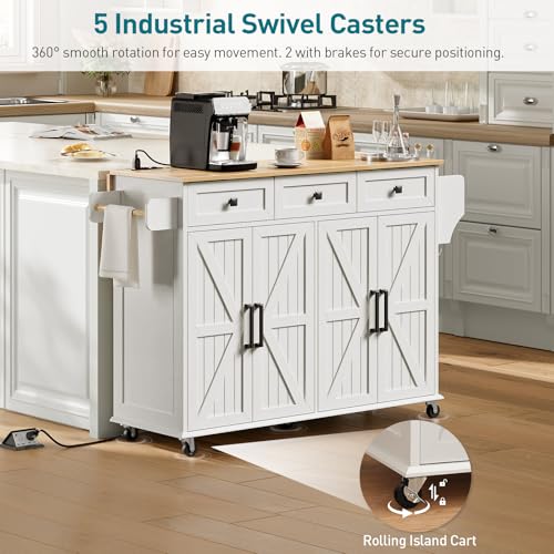 Kitchen Island with Drop Leaf, Kitchen Cart with Charging Station, Kitchen Table with Storage, Rolling Island Table with 3 Drawers, Towel Rack and Spice Rack, White and Walnut