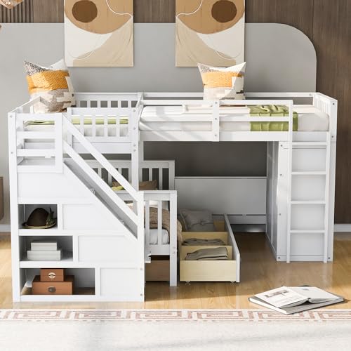 Harper & Bright Designs L-Shape Triple Bunk Beds with Stairs, Desk,Wardrobe, Wood Twin-Over-Full Bunk Bed with Storage, Shelves and Drawers, 3 Beds Bunk Bed with Staircase for Kids Teens, Espresso