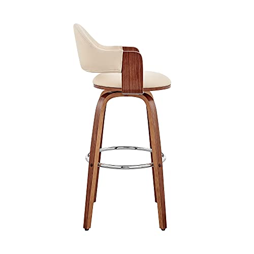 Armen Living Daxton Mid Century Modern Swivel Bar Stool for Kitchen Island Counter in Cream Faux Leather and Walnut Wood, 26" Seat Height