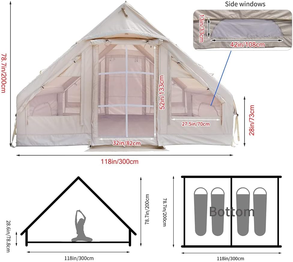 Inflatable Glamping Tent with Pump, Easy Setup Waterproof Outdoor Oxford Tents, Self-Supporting Structure Cabin Tent with Mosquito Screen, 4-5 Person Inflatable House Tent, 4 Season Air Tent