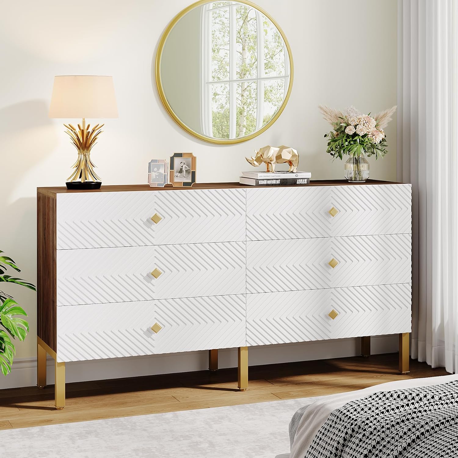 Tribesigns 6-Drawer Dresser for Bedroom, Large Double Wide Chest of Drawers, 55-Inch Wood Storage Dresser for Closet, Modern 6-Drawer Dresser Cabinet with Gold Legs and Handles, White & Brown