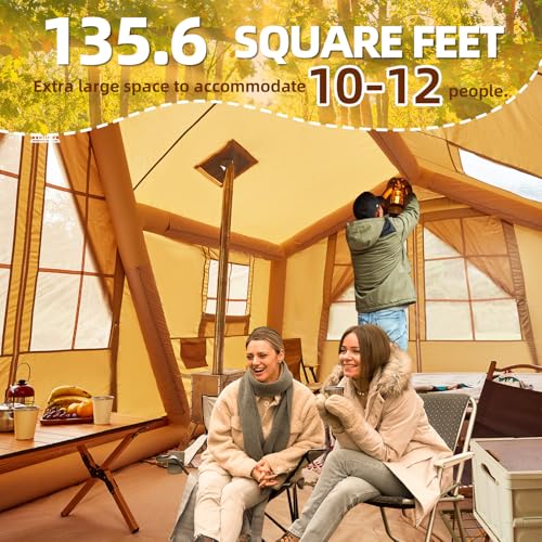 YOLENY Inflatable Tents for Camping, 4/6/8/10/12 Person Tent with TPU Skylight, Mesh Windows, Stove Jack & Pump, Easy Setup 4 Season Glamping Tent, Waterproof & Windproof