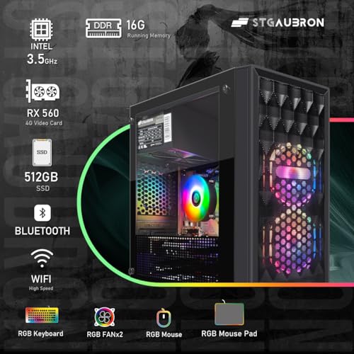 STGAubron Gaming PC Desktop Computer, Intel Core I7 up to 3.9 GHz, Radeon RX 580 8G, 16G RAM, 512G SSD, WiFi, Bluetooth 5.0, RGB Fan x6, RGB BT Sound Bar, Windows 10 Home