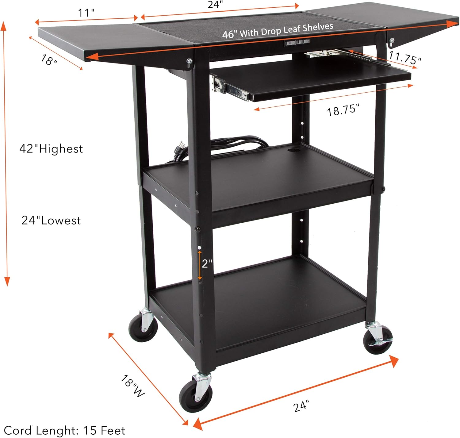 Line Leader Large AV Cart with Drop Leaves | Height Adjustable Utility Cart | Includes Pullout Keyboard Tray & Cord Management | Easy Assembly (54in x 18in x 42in / Black)