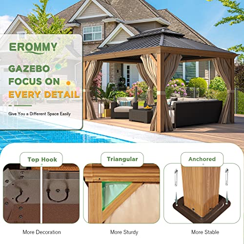 EROMMY 14'x20' Hardtop Gazebo Double Roof Galvanized Steel Canopy Outdoor Aluminum Frame Permanent Metal Pavilion with Netting and Curtains for Patio Backyard Deck and Lawns