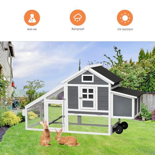 Chicken Coop with Run & Wheels,Outdoor Two-Tier Large Chicken Duck House Rabbit Hutch Poultry Cage with Nesting Box and Side Door,Large Coop Suitable for 6-8 Chickens