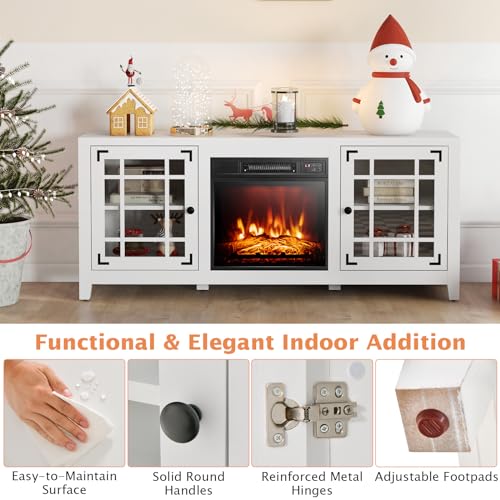 GOFLAME 58" Fireplace TV Stand for TVs up to 65 Inches, Wooden TV Console with 18” Electric Fireplace Insert, Fireplace TV Cabinet, Entertainment Center with Remote Control, Adjustable Shelves, White
