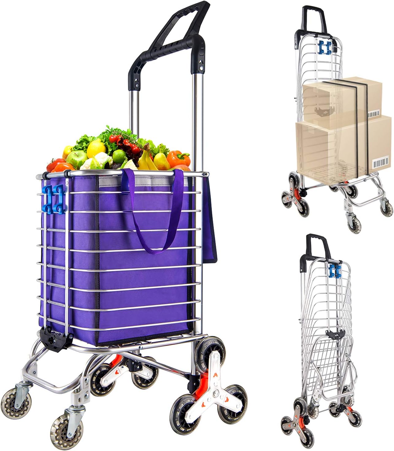 Shopping Cart with Wheels Large Heavy Duty Foldable Stair Climbing Cart with 8 Wheels, Double Handle Rolling Grocery Laundry Utility Cart(Blue)