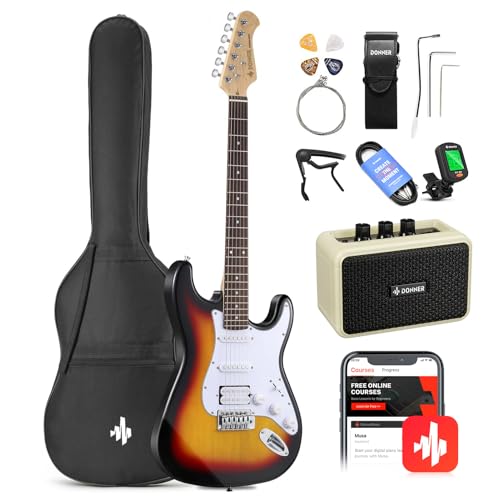 Donner DST-100B 39 Inch Electric Guitar Beginner Kit Solid Body Full Size Black HSS for Starter, with Amplifier, Bag, Digital Tuner, Capo, Strap, String,Cable, Picks