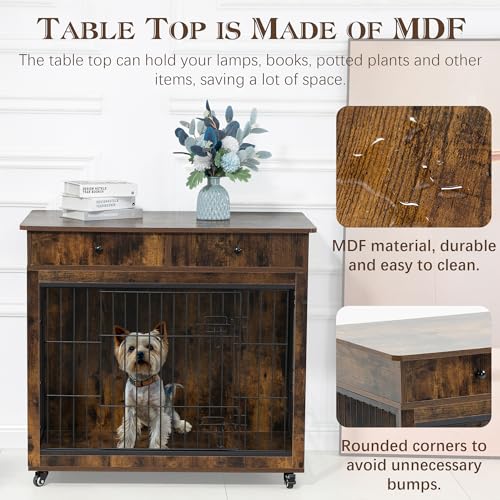 Wooden Furniture Style Dog Crate with 2 Drawers,Indoor Double Doors Doggy House End Table,W/Wire Mesh and Cross-Thickened Iron Bars,Chew-Proof,for Small Pet,Grey,31.7" L×23.2" W×33" H
